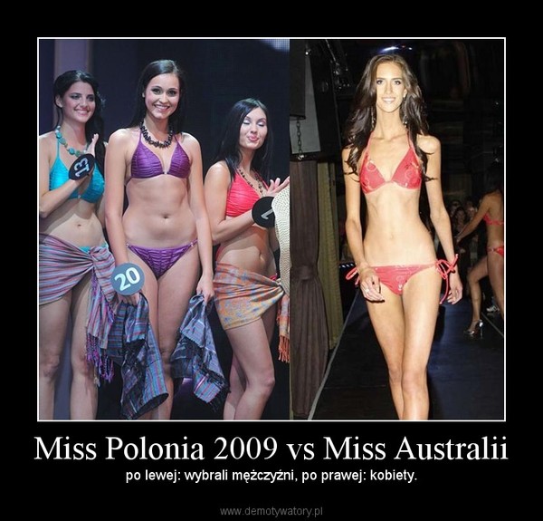Miss Polonia 2009 vs Miss Australii – po lewej: wybrali mężczyźni, po prawej: kobiety. 
