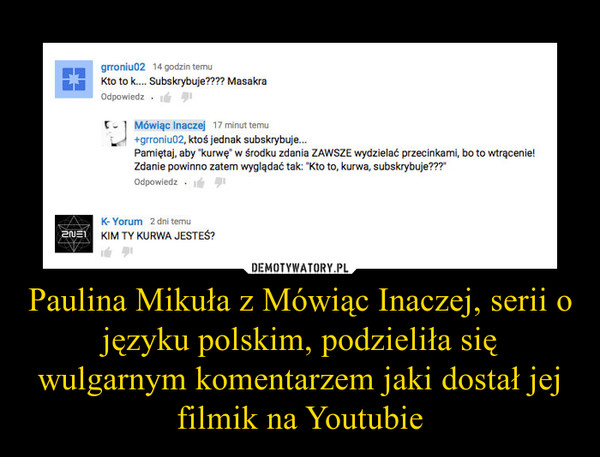 Paulina Mikuła z Mówiąc Inaczej, serii o języku polskim, podzieliła się wulgarnym komentarzem jaki dostał jej filmik na Youtubie
