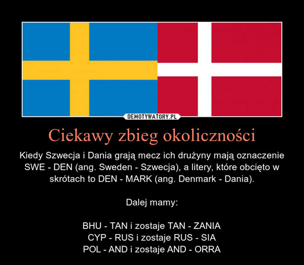 Ciekawy zbieg okoliczności – Kiedy Szwecja i Dania grają mecz ich drużyny mają oznaczenie SWE - DEN (ang. Sweden - Szwecja), a litery, które obcięto w skrótach to DEN - MARK (ang. Denmark - Dania).Dalej mamy:BHU - TAN i zostaje TAN - ZANIACYP - RUS i zostaje RUS - SIAPOL - AND i zostaje AND - ORRA 
