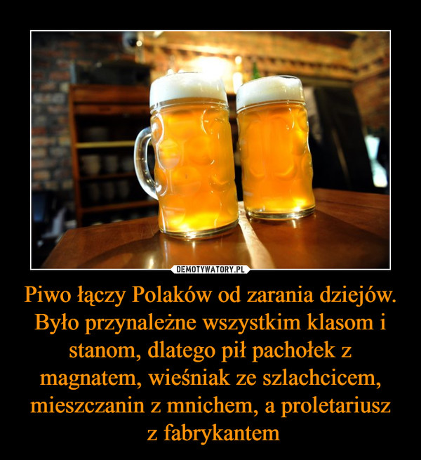 Piwo łączy Polaków od zarania dziejów. Było przynależne wszystkim klasom i stanom, dlatego pił pachołek z magnatem, wieśniak ze szlachcicem, mieszczanin z mnichem, a proletariusz
 z fabrykantem