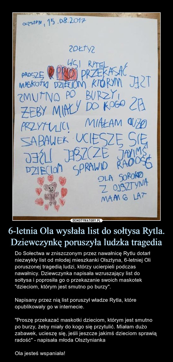 6-letnia Ola wysłała list do sołtysa Rytla. Dziewczynkę poruszyła ludzka tragedia