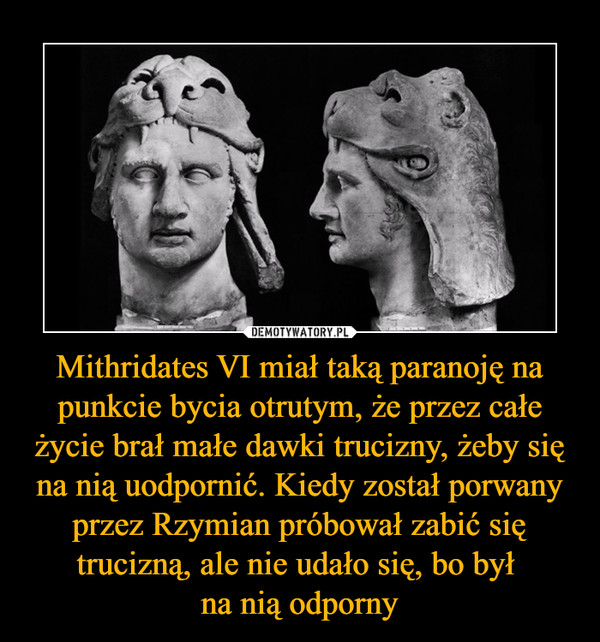 Mithridates VI miał taką paranoję na punkcie bycia otrutym, że przez całe życie brał małe dawki trucizny, żeby się na nią uodpornić. Kiedy został porwany przez Rzymian próbował zabić się trucizną, ale nie udało się, bo był na nią odporny –  