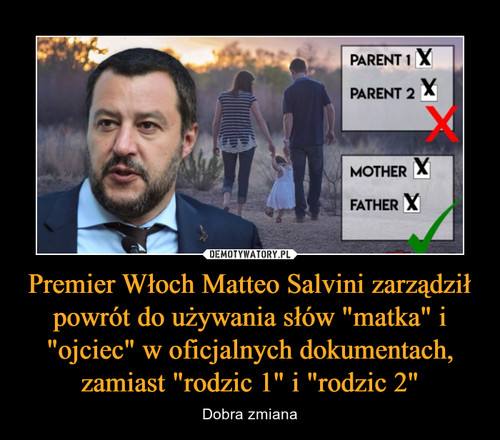 Premier Włoch Matteo Salvini zarządził powrót do używania słów "matka" i "ojciec" w oficjalnych dokumentach, zamiast "rodzic 1" i "rodzic 2"