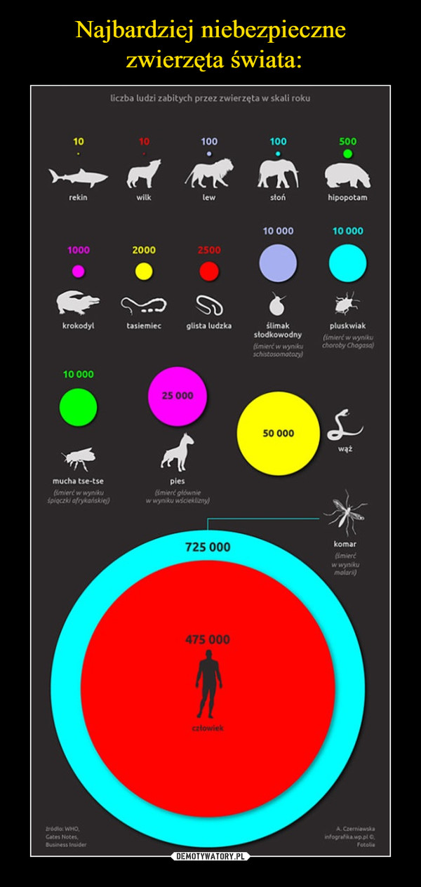  –  liczba ludzi zabitych przez zwierzęta w skali roku