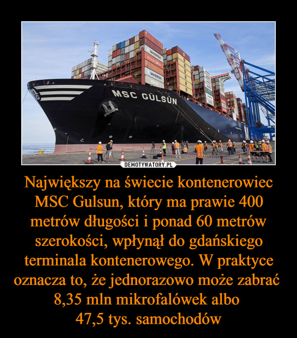 Największy na świecie kontenerowiec MSC Gulsun, który ma prawie 400 metrów długości i ponad 60 metrów szerokości, wpłynął do gdańskiego terminala kontenerowego. W praktyce oznacza to, że jednorazowo może zabrać  8,35 mln mikrofalówek albo 47,5 tys. samochodów –  
