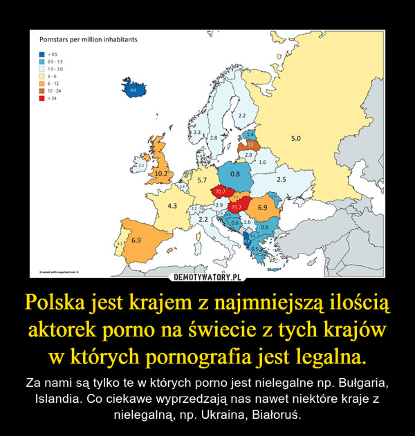 Polska jest krajem z najmniejszą ilością aktorek porno na świecie z tych krajów w których pornografia jest legalna.