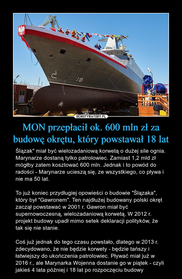 MON przepłacił ok. 600 mln zł za budowę okrętu, który powstawał 18 lat