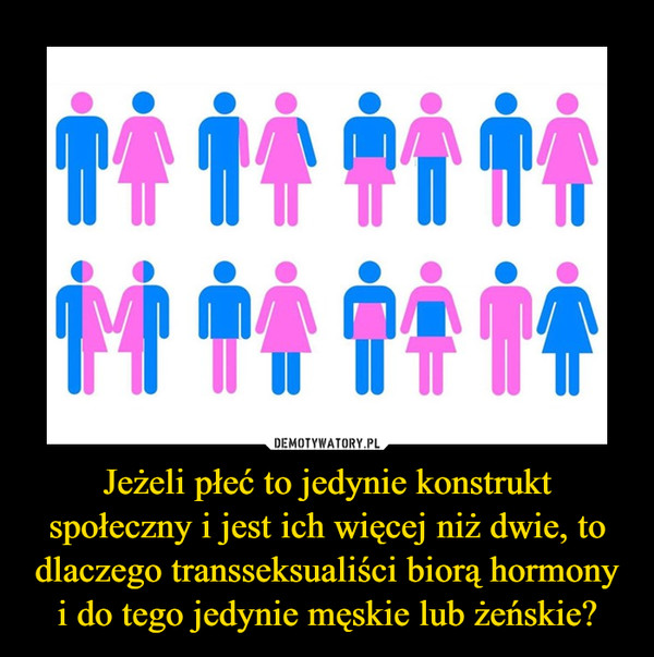 Jeżeli płeć to jedynie konstrukt społeczny i jest ich więcej niż dwie, to dlaczego transseksualiści biorą hormony i do tego jedynie męskie lub żeńskie? –  