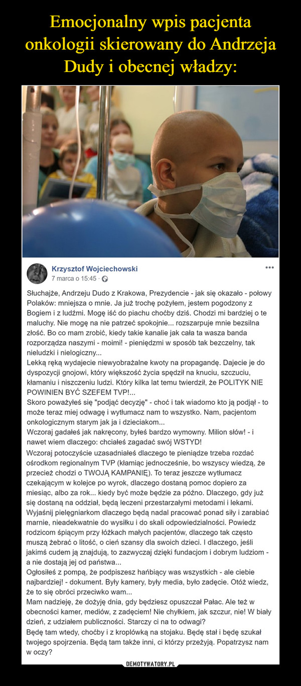 Emocjonalny wpis pacjenta onkologii skierowany do Andrzeja Dudy i obecnej władzy: