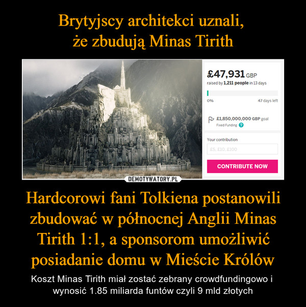 Brytyjscy architekci uznali, 
że zbudują Minas Tirith Hardcorowi fani Tolkiena postanowili zbudować w północnej Anglii Minas Tirith 1:1, a sponsorom umożliwić posiadanie domu w Mieście Królów