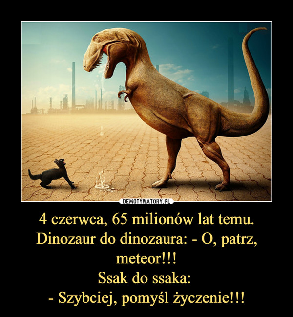 4 czerwca, 65 milionów lat temu.Dinozaur do dinozaura: - O, patrz, meteor!!!Ssak do ssaka: - Szybciej, pomyśl życzenie!!! –  
