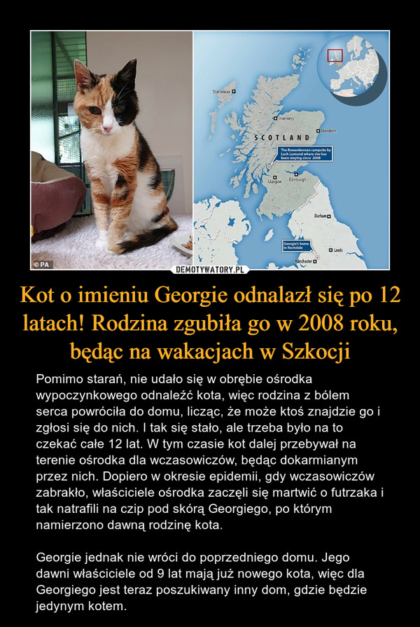 Kot o imieniu Georgie odnalazł się po 12 latach! Rodzina zgubiła go w 2008 roku, będąc na wakacjach w Szkocji – Pomimo starań, nie udało się w obrębie ośrodka wypoczynkowego odnaleźć kota, więc rodzina z bólem serca powróciła do domu, licząc, że może ktoś znajdzie go i zgłosi się do nich. I tak się stało, ale trzeba było na to czekać całe 12 lat. W tym czasie kot dalej przebywał na terenie ośrodka dla wczasowiczów, będąc dokarmianym przez nich. Dopiero w okresie epidemii, gdy wczasowiczów zabrakło, właściciele ośrodka zaczęli się martwić o futrzaka i tak natrafili na czip pod skórą Georgiego, po którym namierzono dawną rodzinę kota. Georgie jednak nie wróci do poprzedniego domu. Jego dawni właściciele od 9 lat mają już nowego kota, więc dla Georgiego jest teraz poszukiwany inny dom, gdzie będzie jedynym kotem. 