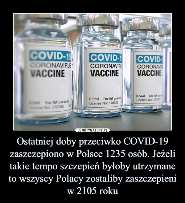 Ostatniej doby przeciwko COVID-19 zaszczepiono w Polsce 1235 osób. Jeżeli takie tempo szczepień byłoby utrzymane to wszyscy Polacy zostaliby zaszczepieni w 2105 roku –  