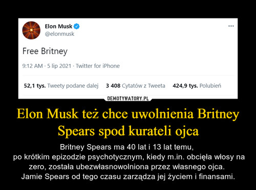 Elon Musk też chce uwolnienia Britney Spears spod kurateli ojca