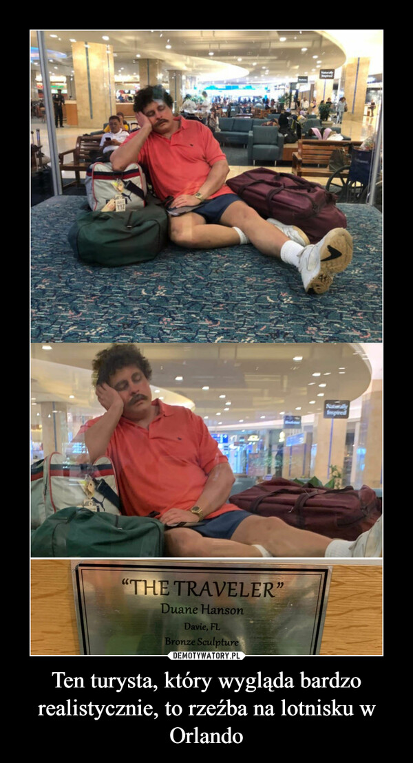 Ten turysta, który wygląda bardzo realistycznie, to rzeźba na lotnisku w Orlando –  
