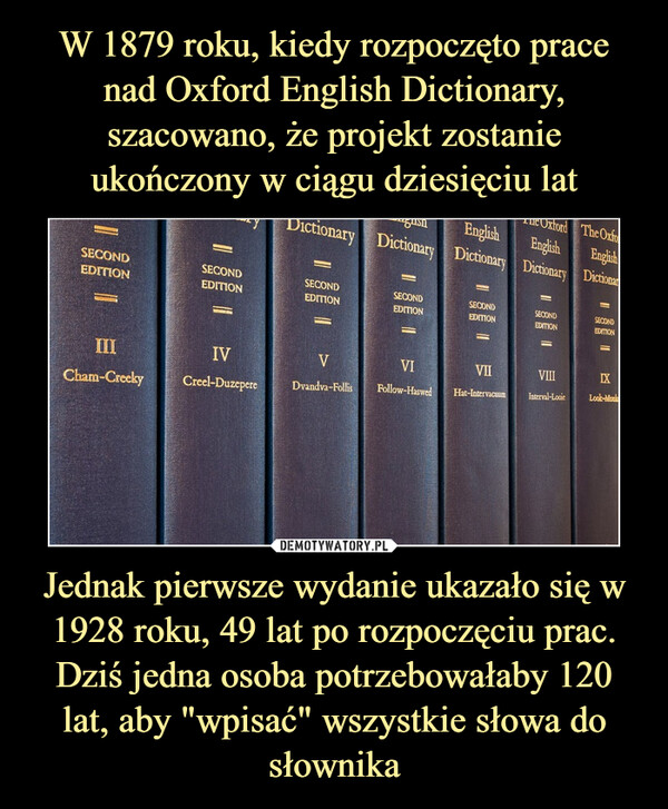 W 1879 roku, kiedy rozpoczęto prace nad Oxford English Dictionary, szacowano, że projekt zostanie ukończony w ciągu dziesięciu lat Jednak pierwsze wydanie ukazało się w 1928 roku, 49 lat po rozpoczęciu prac. Dziś jedna osoba potrzebowałaby 120 lat, aby "wpisać" wszystkie słowa do słownika