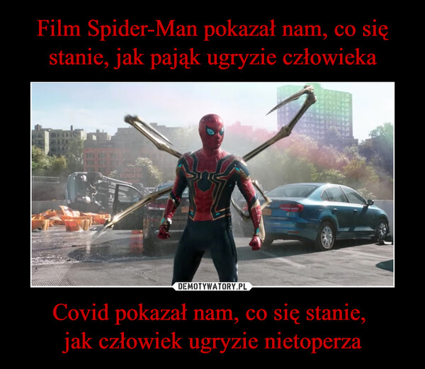 Film Spider-Man pokazał nam, co się stanie, jak pająk ugryzie człowieka Covid pokazał nam, co się stanie, 
jak człowiek ugryzie nietoperza