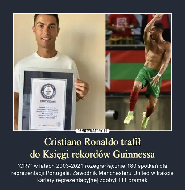 Cristiano Ronaldo trafiłdo Księgi rekordów Guinnessa – “CR7” w latach 2003-2021 rozegrał łącznie 180 spotkań dla reprezentacji Portugalii. Zawodnik Manchesteru United w trakcie kariery reprezentacyjnej zdobył 111 bramek 