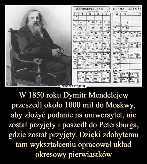 W 1850 roku Dymitr Mendelejew przeszedł około 1000 mil do Moskwy, aby złożyć podanie na uniwersytet, nie został przyjęty i poszedł do Petersburga, gdzie został przyjęty. Dzięki zdobytemu tam wykształceniu opracował układ okresowy pierwiastków