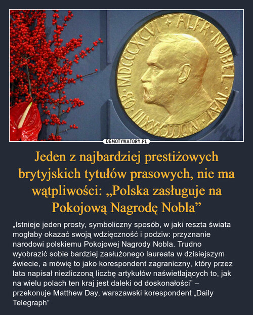 Jeden z najbardziej prestiżowych brytyjskich tytułów prasowych, nie ma wątpliwości: „Polska zasługuje na Pokojową Nagrodę Nobla”