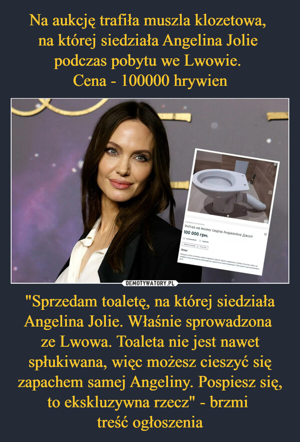 "Sprzedam toaletę, na której siedziała Angelina Jolie. Właśnie sprowadzona ze Lwowa. Toaleta nie jest nawet spłukiwana, więc możesz cieszyć się zapachem samej Angeliny. Pospiesz się, to ekskluzywna rzecz" - brzmi treść ogłoszenia –  