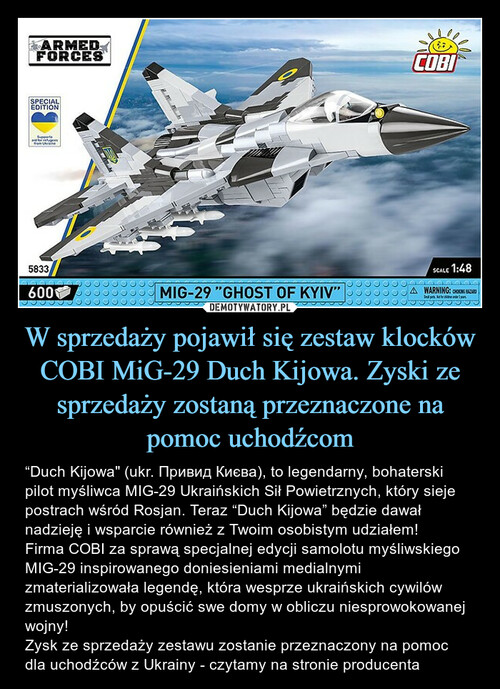 W sprzedaży pojawił się zestaw klocków COBI MiG-29 Duch Kijowa. Zyski ze sprzedaży zostaną przeznaczone na pomoc uchodźcom
