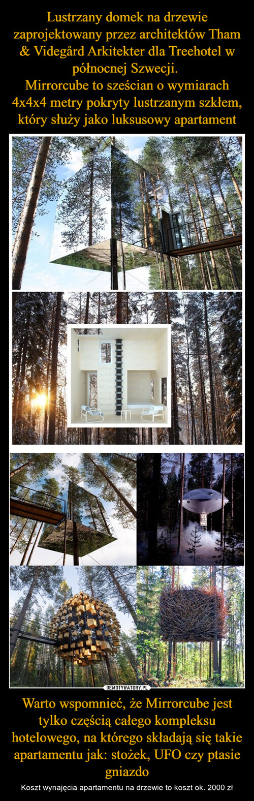 Lustrzany domek na drzewie zaprojektowany przez architektów Tham & Videgård Arkitekter dla Treehotel w północnej Szwecji. 
Mirrorcube to sześcian o wymiarach 4x4x4 metry pokryty lustrzanym szkłem, który służy jako luksusowy apartament Warto wspomnieć, że Mirrorcube jest tylko częścią całego kompleksu hotelowego, na którego składają się takie apartamentu jak: stożek, UFO czy ptasie gniazdo
