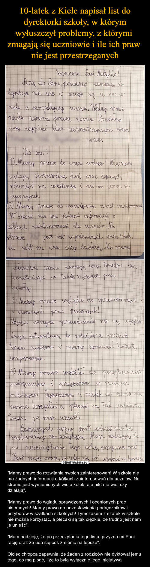 10-latek z Kielc napisał list do dyrektorki szkoły, w którym wyłuszczył problemy, z którymi 
zmagają się uczniowie i ile ich praw 
nie jest przestrzeganych