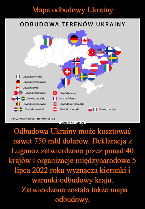 Mapa odbudowy Ukrainy Odbudowa Ukrainy może kosztować nawet 750 mld dolarów. Deklaracja z Luganoz zatwierdzona przez ponad 40 krajów i organizacje międzynarodowe 5 lipca 2022 roku wyznacza kierunki i warunki odbudowy kraju.
  Zatwierdzona została także mapa odbudowy.
