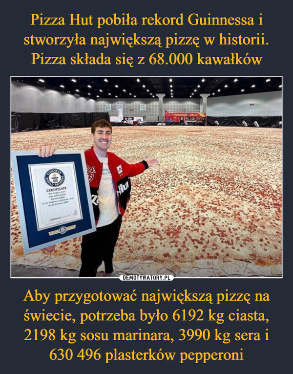 Pizza Hut pobiła rekord Guinnessa i stworzyła największą pizzę w historii. Pizza składa się z 68.000 kawałków Aby przygotować największą pizzę na świecie, potrzeba było 6192 kg ciasta, 2198 kg sosu marinara, 3990 kg sera i 630 496 plasterków pepperoni