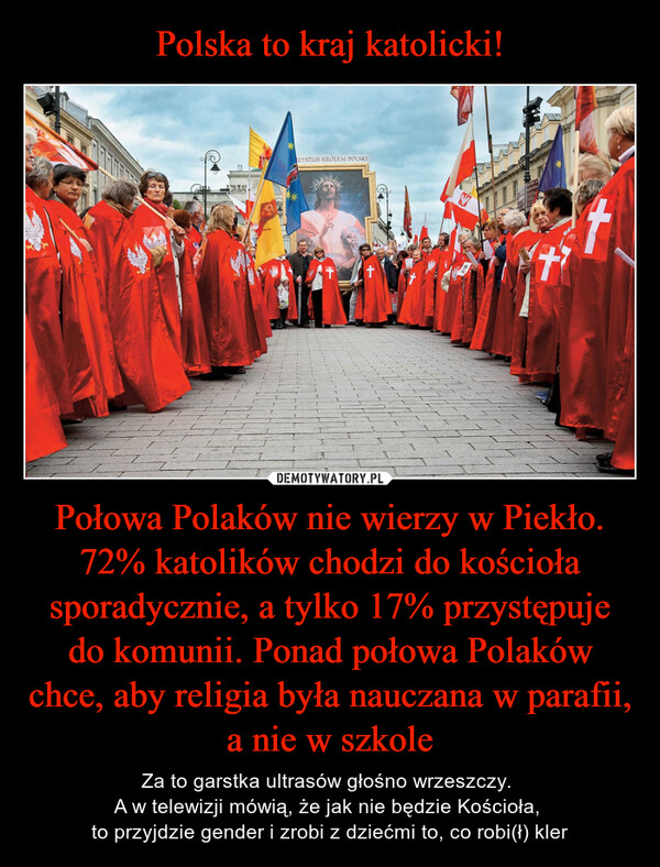 Połowa Polaków nie wierzy w Piekło. 72% katolików chodzi do kościoła sporadycznie, a tylko 17% przystępuje do komunii. Ponad połowa Polaków chce, aby religia była nauczana w parafii,a nie w szkole – Za to garstka ultrasów głośno wrzeszczy. A w telewizji mówią, że jak nie będzie Kościoła, to przyjdzie gender i zrobi z dziećmi to, co robi(ł) kler 