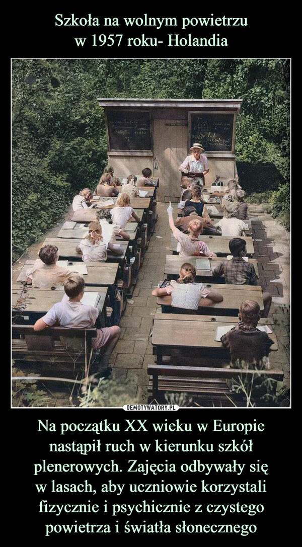 Szkoła na wolnym powietrzu
w 1957 roku- Holandia Na początku XX wieku w Europie nastąpił ruch w kierunku szkół plenerowych. Zajęcia odbywały się
w lasach, aby uczniowie korzystali fizycznie i psychicznie z czystego powietrza i światła słonecznego