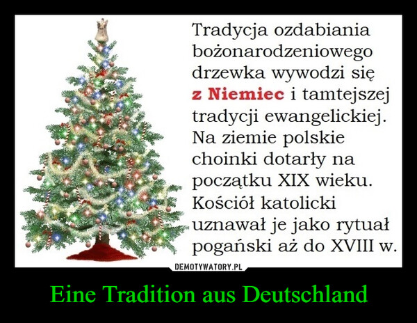 Eine Tradition aus Deutschland –  Tradycja ozdabianiabożonarodzeniowegodrzewka wywodzi sięz Niemiec i tamtejszejtradycji ewangelickiej.Na ziemie polskiechoinki dotarły napoczątku XIX wieku.Kościół katolickiuznawał je jako rytuałpogański aż do XVIII w.