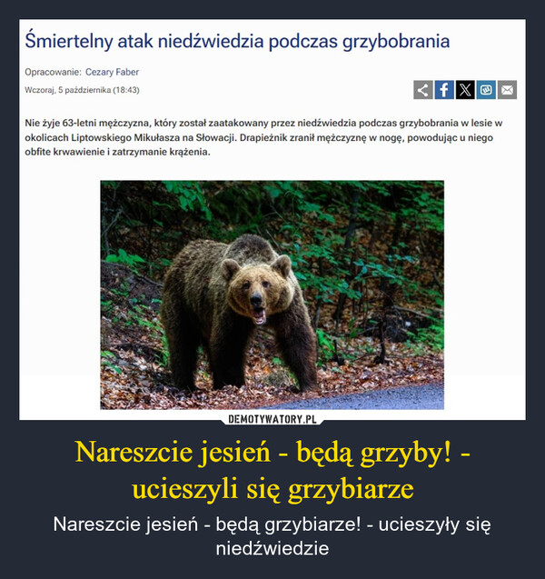 Nareszcie jesień - będą grzyby! - ucieszyli się grzybiarze – Nareszcie jesień - będą grzybiarze! - ucieszyły się niedźwiedzie Śmiertelny atak niedźwiedzia podczas grzybobraniaOpracowanie: Cezary FaberWczoraj, 5 października (18:43)<fxNie żyje 63-letni mężczyzna, który został zaatakowany przez niedźwiedzia podczas grzybobrania w lesie wokolicach Liptowskiego Mikułasza na Słowacji. Drapieżnik zranił mężczyznę w nogę, powodując u niegoobfite krwawienie i zatrzymanie krążenia.