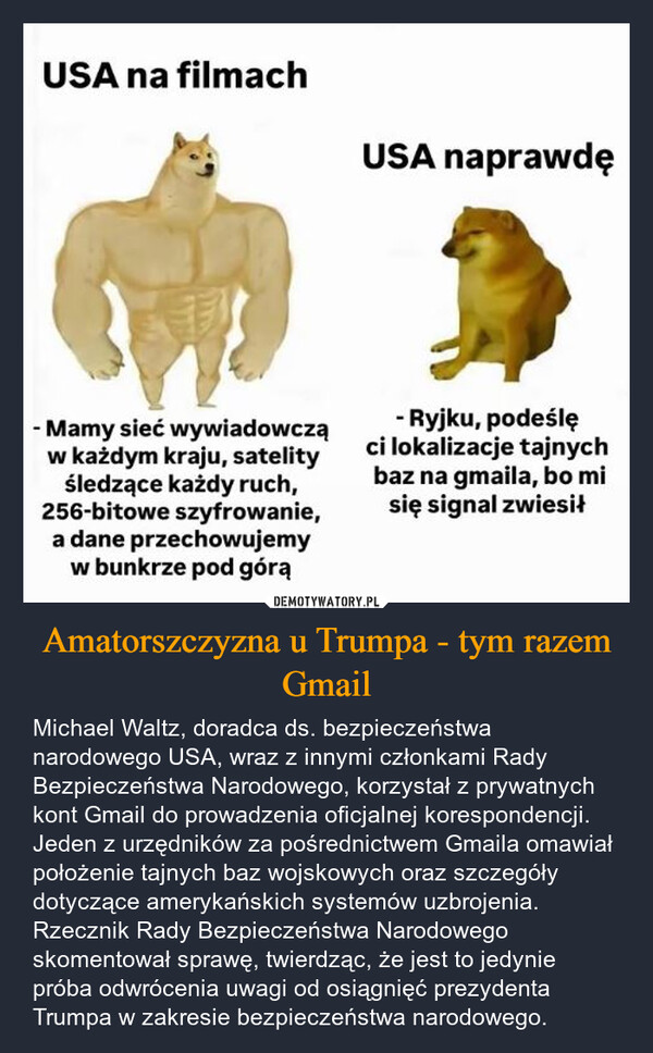Amatorszczyzna u Trumpa - tym razem Gmail – Michael Waltz, doradca ds. bezpieczeństwa narodowego USA, wraz z innymi członkami Rady Bezpieczeństwa Narodowego, korzystał z prywatnych kont Gmail do prowadzenia oficjalnej korespondencji. Jeden z urzędników za pośrednictwem Gmaila omawiał położenie tajnych baz wojskowych oraz szczegóły dotyczące amerykańskich systemów uzbrojenia. Rzecznik Rady Bezpieczeństwa Narodowego skomentował sprawę, twierdząc, że jest to jedynie próba odwrócenia uwagi od osiągnięć prezydenta Trumpa w zakresie bezpieczeństwa narodowego. USA na filmachUSA naprawdę- Mamy sieć wywiadowcząw każdym kraju, satelityśledzące każdy ruch,256-bitowe szyfrowanie,a dane przechowujemyw bunkrze pod górą- Ryjku, podeślęci lokalizacje tajnychbaz na gmaila, bo misię signal zwiesił